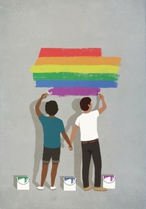 Couple holding hands painting rainbow on wall