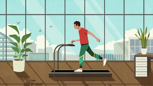 Man running on treadmill in sunny highrise window