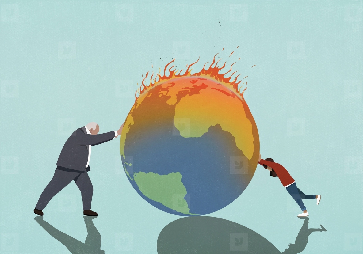 Businessman and girl pushing burning globe