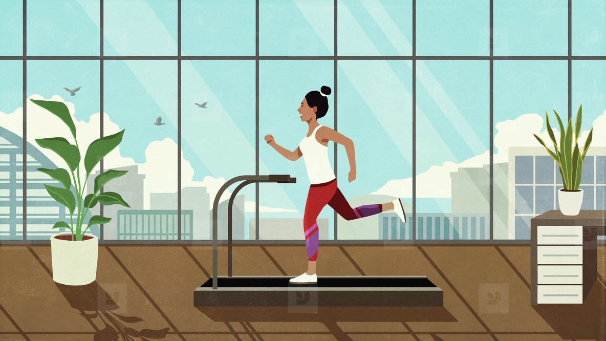 Woman running on treadmill in sunny highrise window