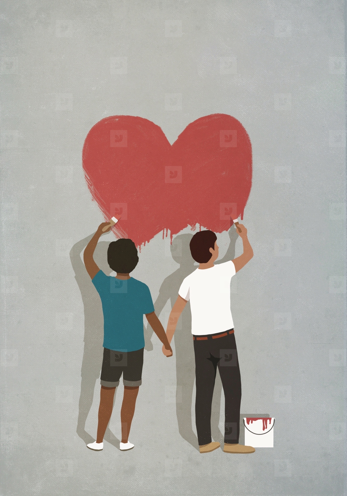 Couple holding hands painting heart on wall