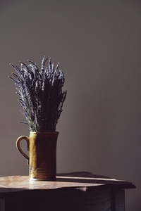 Bouquet of lavender in rustic jug vase