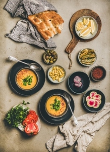 Turkish traditional lentil soup Mercimek  flatbread  vegetables and spices