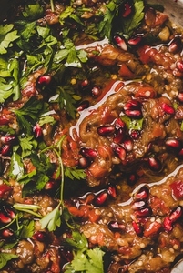 Babaganoush cold dip seasoned with parsley and pomegranate seeds  close up