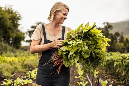 Cheerful organic farmer holding freshly picked vegetables on her farm