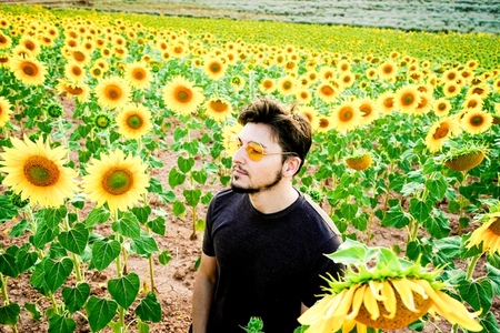 Young man enjoying the day in a field of sunflowers