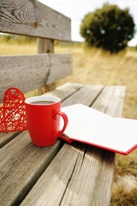 Red mug with coffee in a wooden bench outdoors in the morning