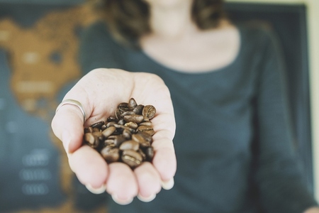 Woman hand holding natural coffee grains
