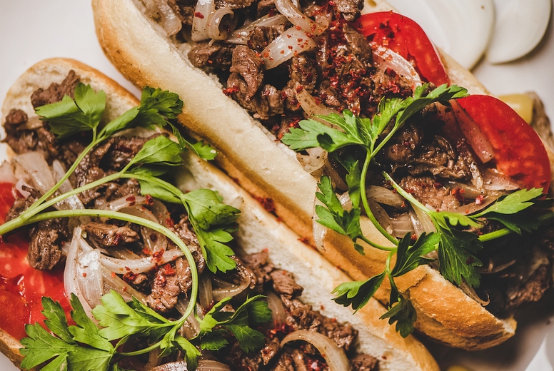 Turkish traditional meat sandwich tantuni with beef, top view