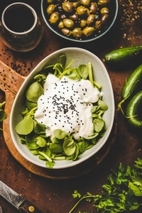 Fresh green purslane salad with yogurt  black sesame and vegetables