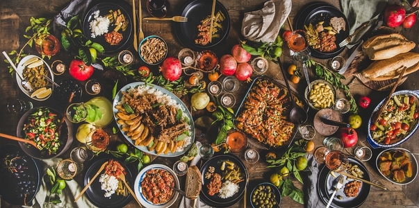 Flat lay of Turkish traditional foods for celebrating holiday