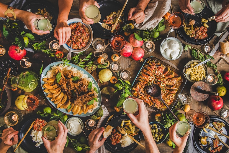 Flat-lay of family celebrating and having Turkish traditional meal