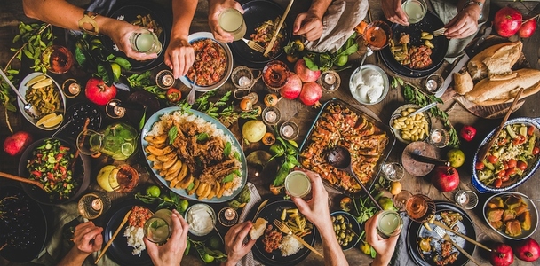 Flat lay of family celebrating and having Turkish traditional meal