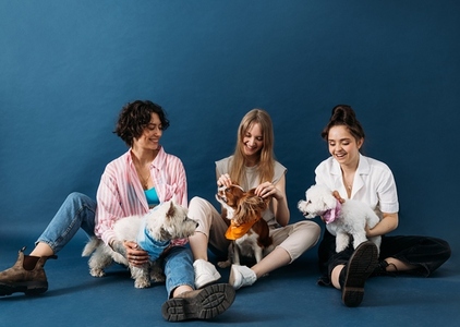 Three happy women sitting on a blue background with their cute dogs