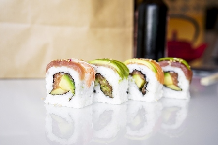 Delicious variety of sushi california rolls