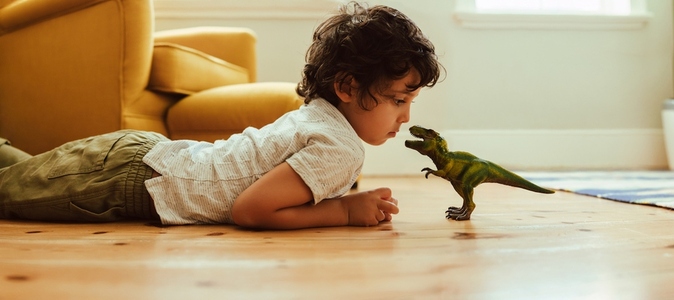 Cute young boy looking at his dinosaur toy at home