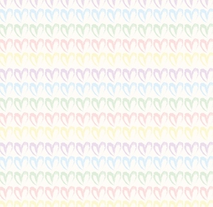 Seamless pattern of hand drawn hearts in pastel rainbow colors on beige and neutral background