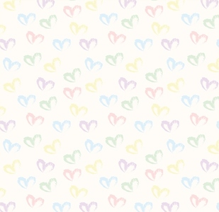 Seamless pattern of hand drawn hearts in pastel rainbow colors on beige and neutral background