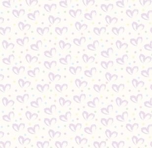 Seamless pattern of hand drawn hearts in purple on beige and neutral background with colored dots in pastel rainbow colors
