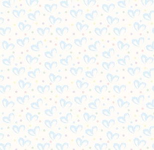 Seamless pattern of hand drawn hearts in blue on beige and neutral background with colored dots in pastel rainbow colors