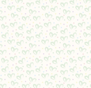 Seamless pattern of hand drawn hearts in green on beige and neutral background with colored dots in pastel rainbow colors