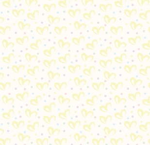 Seamless pattern of hand drawn hearts in yellow on beige and neutral background with colored dots in pastel rainbow colors