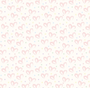 Seamless pattern of hand drawn hearts in red on beige and neutral background with colored dots in pastel rainbow colors