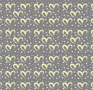 Seamless pattern of hand drawn hearts in yellow on gray background with colored dots in pastel rainbow colors