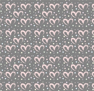 Seamless pattern of hand drawn hearts in red on gray background with colored dots in pastel rainbow colors