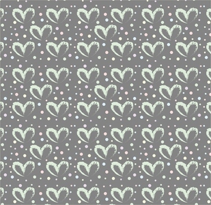 Seamless pattern of hand drawn hearts in green on gray background with colored dots in pastel rainbow colors