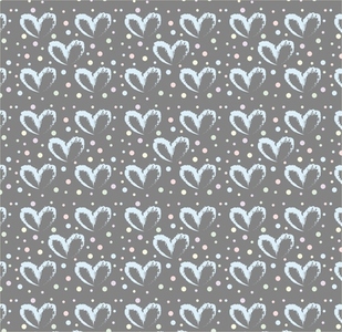 Seamless pattern of hand drawn hearts in blue on gray background with colored dots in pastel rainbow colors