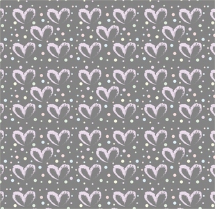 Seamless pattern of hand drawn hearts in purple on gray background with colored dots in pastel rainbow colors