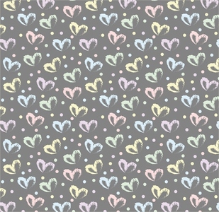 Seamless pattern of hand drawn hearts in pastel rainbow colors on gray background with colored dots