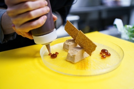 Crop chef plating foie micuit with crunchy croutons in restaurant