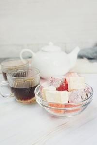 Delicious turkish delights with red tea