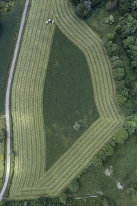 Aerial view from above striped green hay crop forming pattern in landscape France