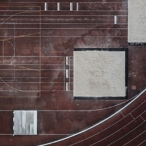 Aerial view long jump sand pits on red sports track with lines