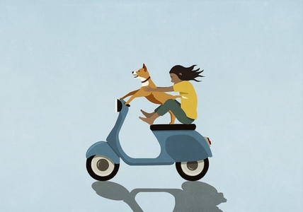 Girl and dog riding motor scooter
