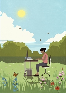 Businesswoman working at desk in sunny 2