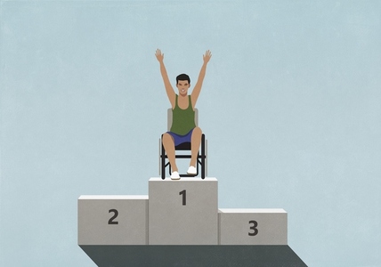 Portrait confident paraplegic athlete in wheelchair on 1st Place podium
