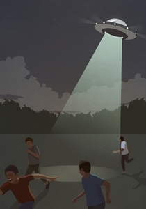 People running from UFO beam in field