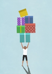 Girl holding stack of multicolored gifts overhead