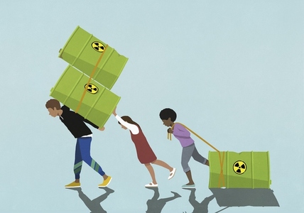 Kids carrying and pulling hazardous oil barrels