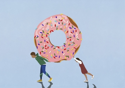 Boy and girl carrying large donut with sprinkles on blue background