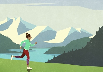 Carefree woman jogging in idyllic mountain meadow