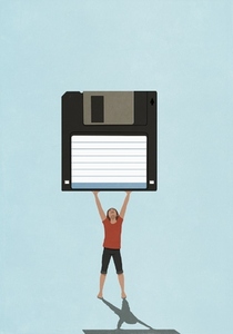 Woman holding floppy disk overhead