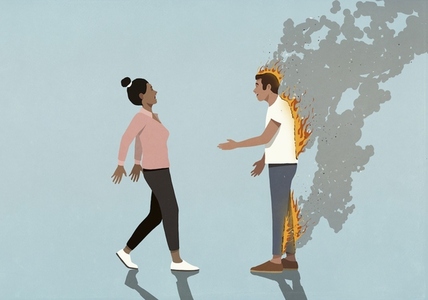 Oblivious man on fire greeting surprised woman with handshake