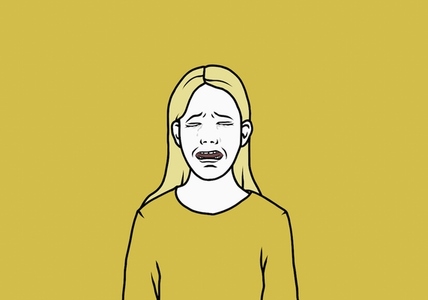 Portrait sad woman crying with eyes closed on yellow background