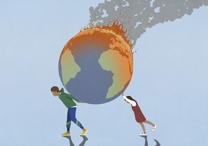 Boy and girl carrying large burning globe