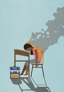 Exhausted schoolgirl on fire sleeping at classroom desk